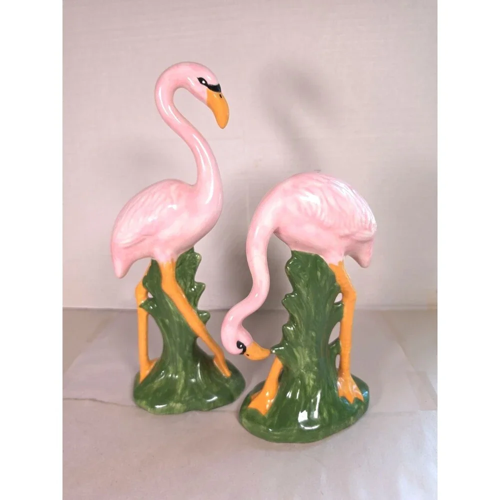 Vintage 1970's Ceramic Glossy Pink Flamingo Figurine Set    10” & 7” Tall